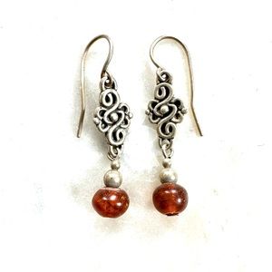 Silver amber colored bead dangle earrings with maker’s stamp.